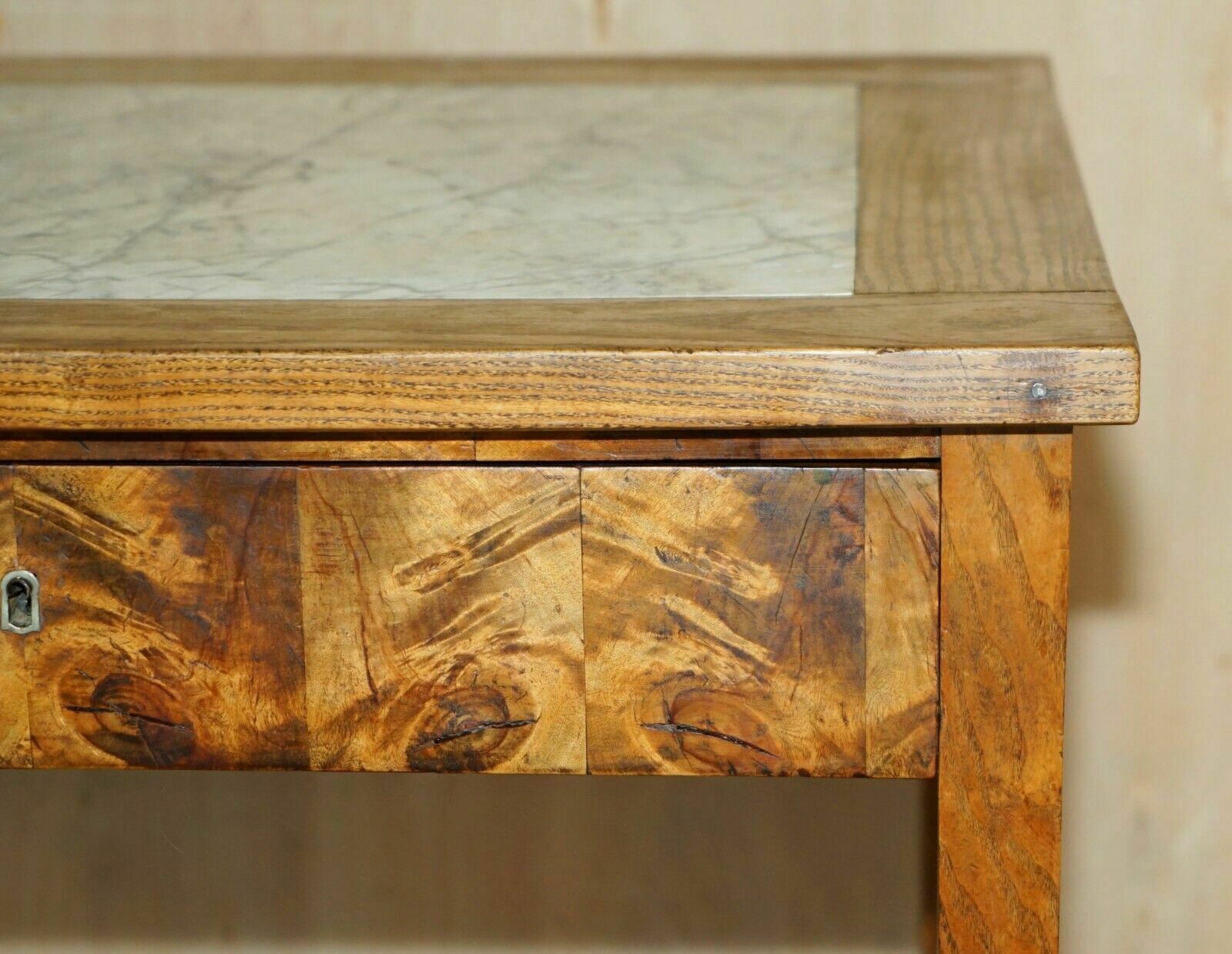 Super Rare Antique Laburnum Oyster Wood Marble Topped Food Preparation Table photo buy