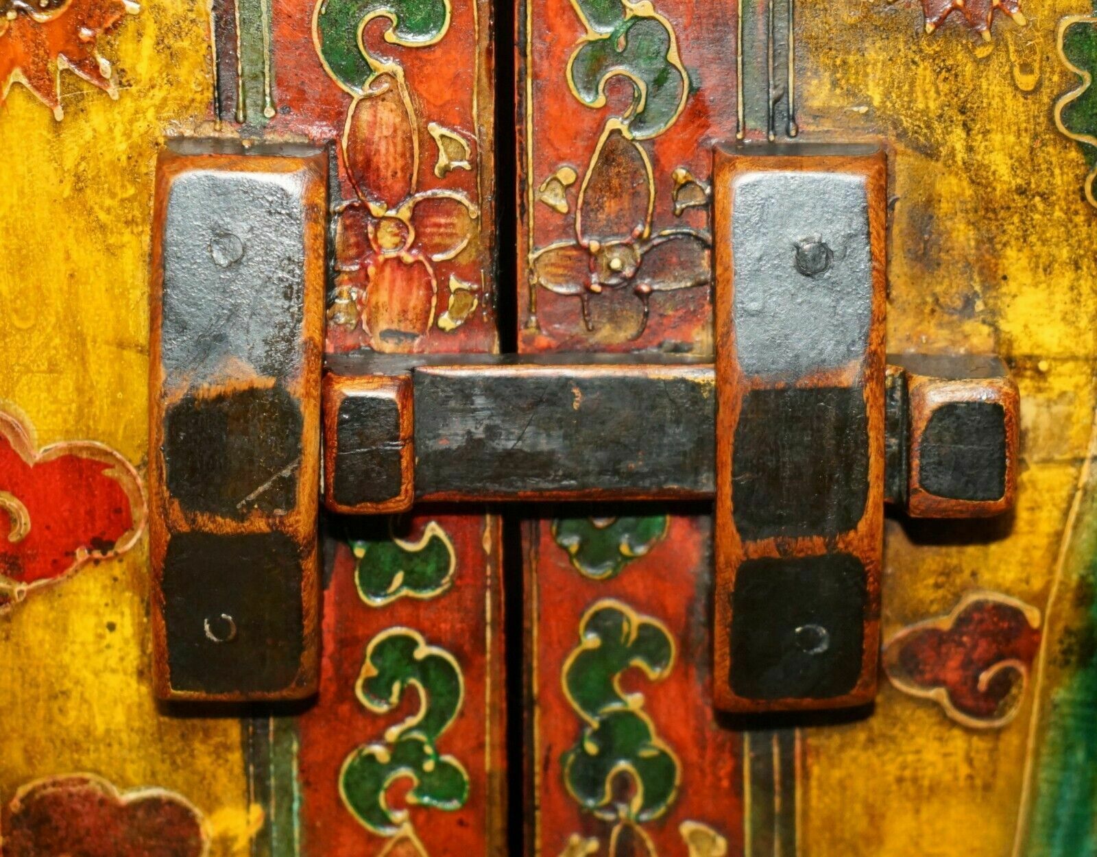photo for sale Full Sized Vintage Chinese Red Dragons Painted Pagoda Top Wardrobe With Drawers