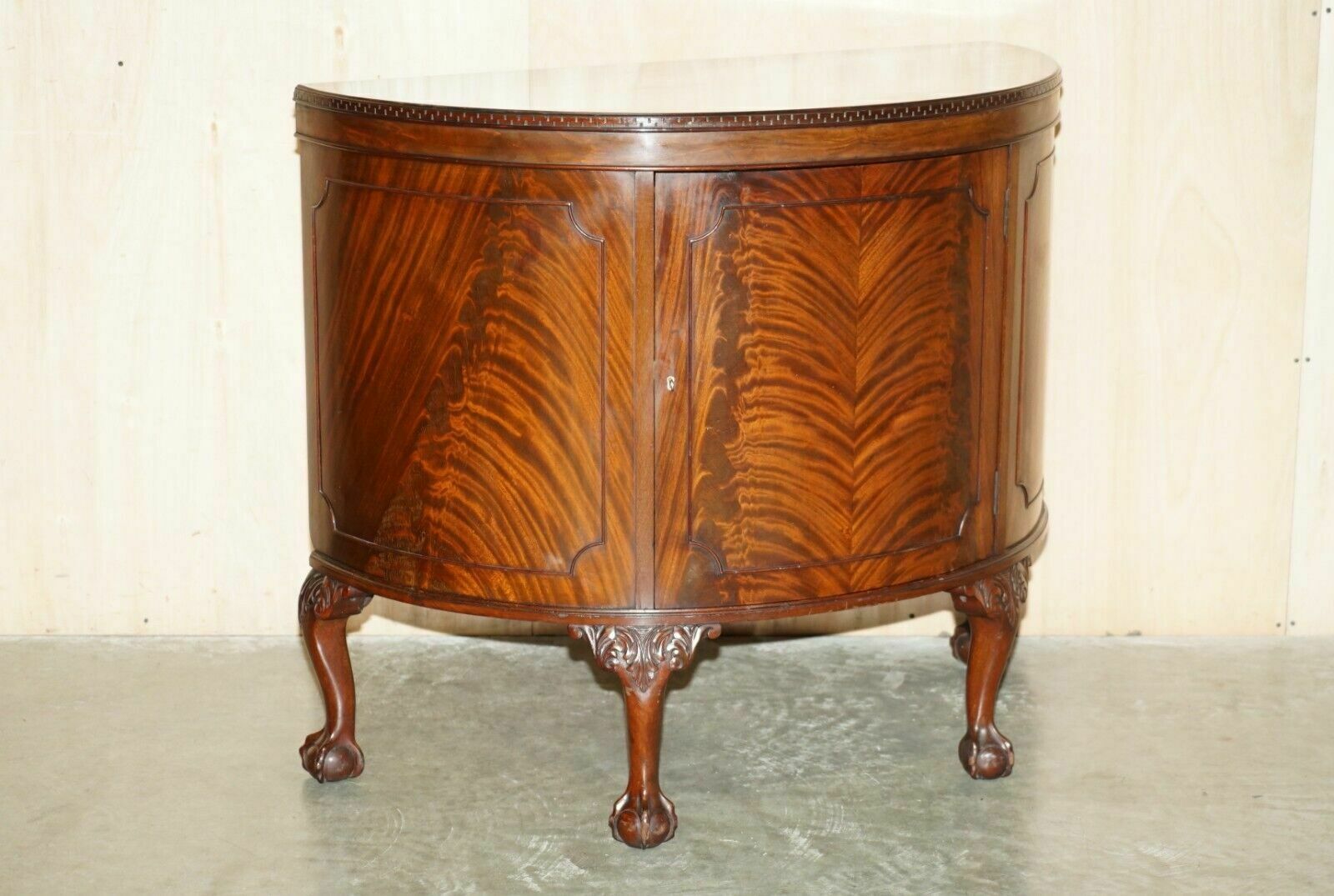 Fully Restored Antique Flamed Mahogany Claw & Ball Foot Demi Lune Sideboard photo furniture