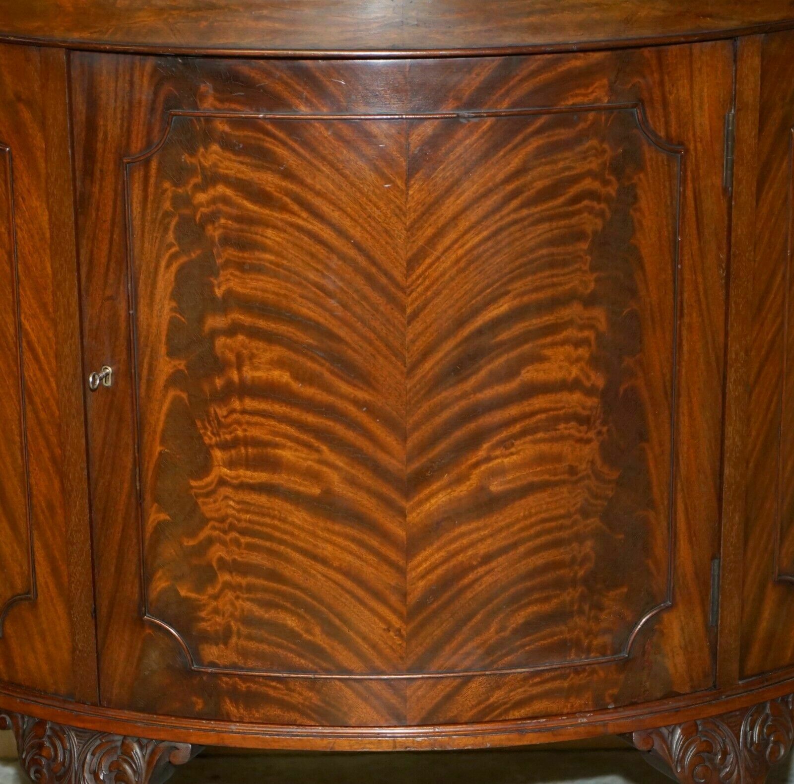 photo furniture Fully Restored Antique Flamed Mahogany Claw & Ball Foot Demi Lune Sideboard