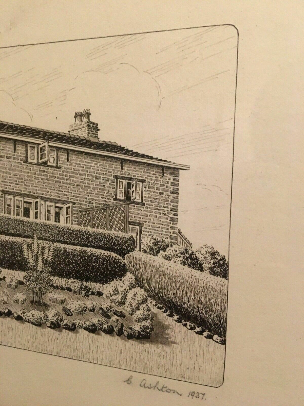 Graphic Ink Drawing 1937 Signed Moorcroft Cottage Framed Antique Drawing photo Art