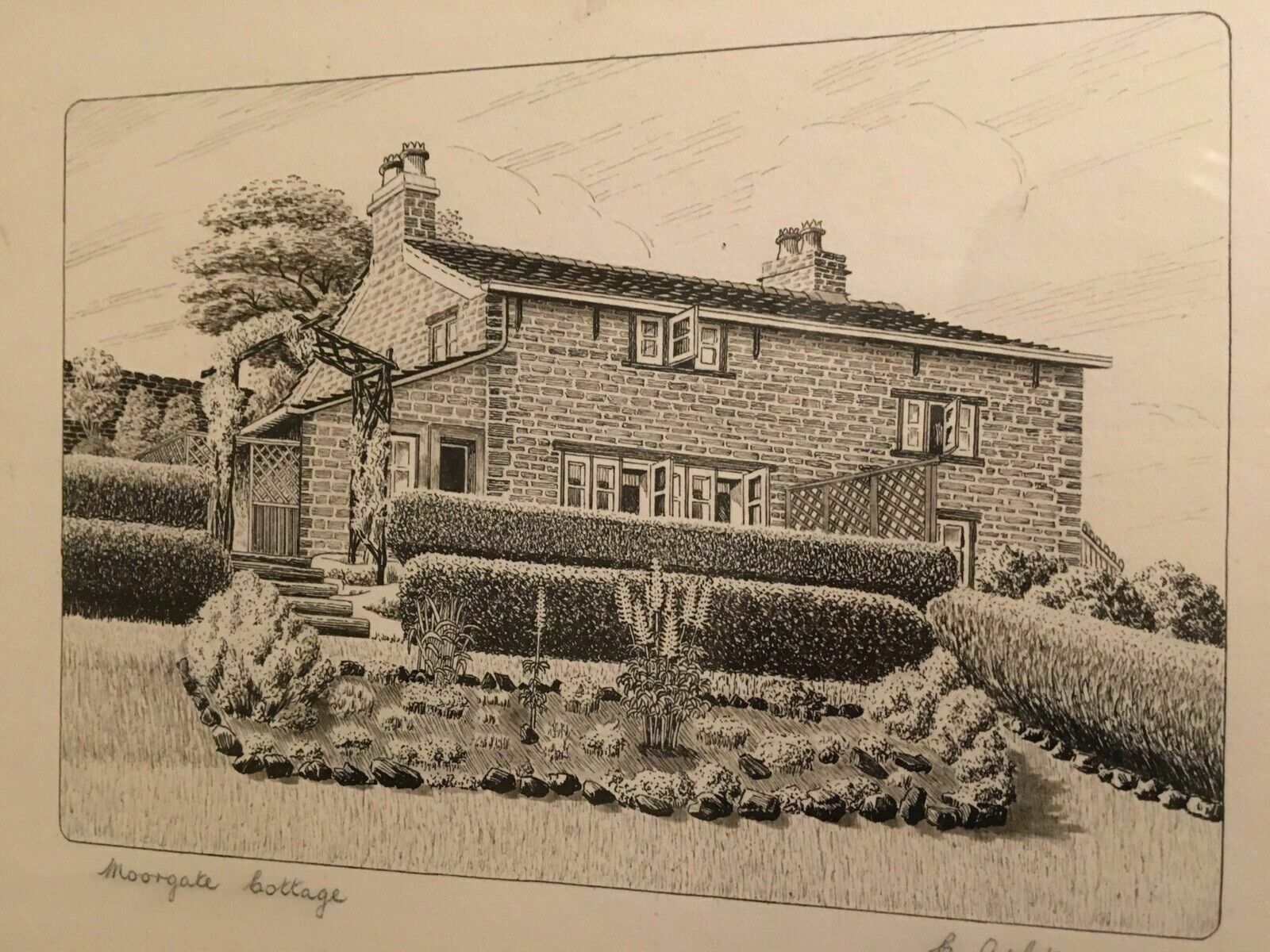 Graphic Ink Drawing 1937 Signed Moorcroft Cottage Framed Antique Drawing photo 75.0