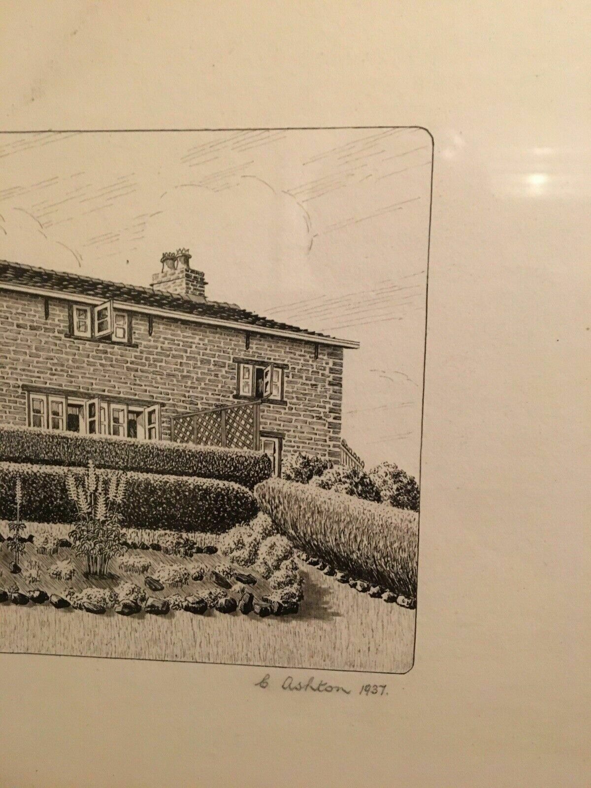 Graphic Ink Drawing 1937 Signed Moorcroft Cottage Framed Antique Drawing photo buy
