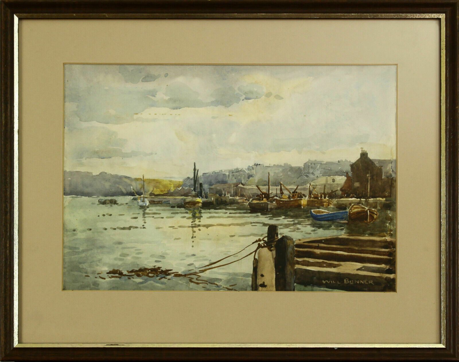 Watercolour By Will Benner. Barges Docked At Port On The Rhine