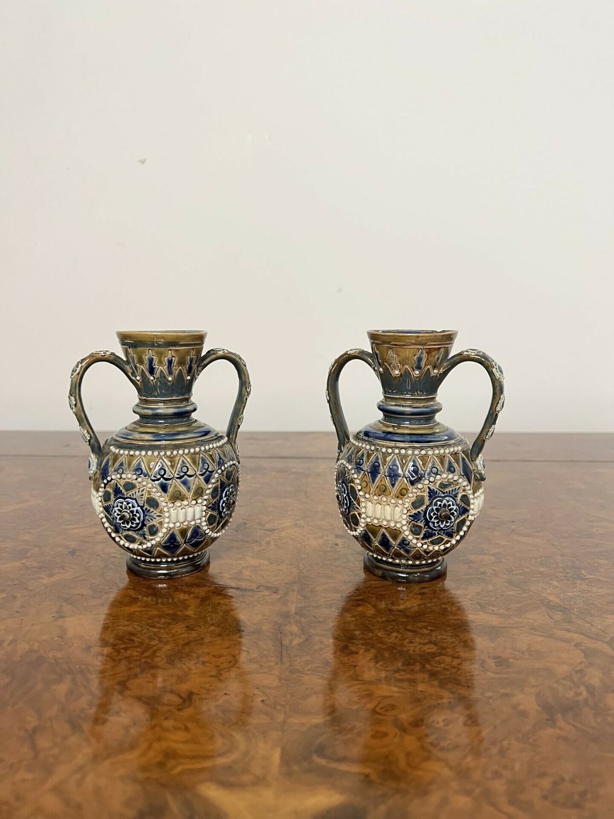 Fine Quality Pair Of Antique Doulton Lambeth Small Vases