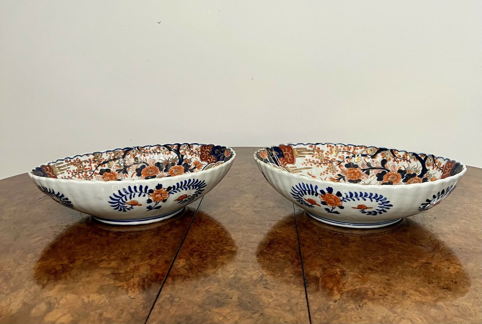 photo for sale Outstanding Quality Pair Of Antique Japanese Imari Large Scalloped Edge Bowls