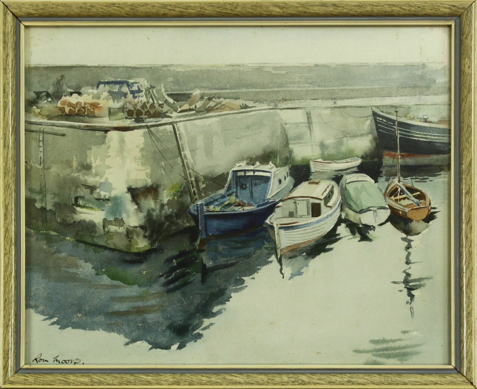 Watercolour By Ronald Lambert Moore. Fishing Boats Moored To A Quay At Low Tide