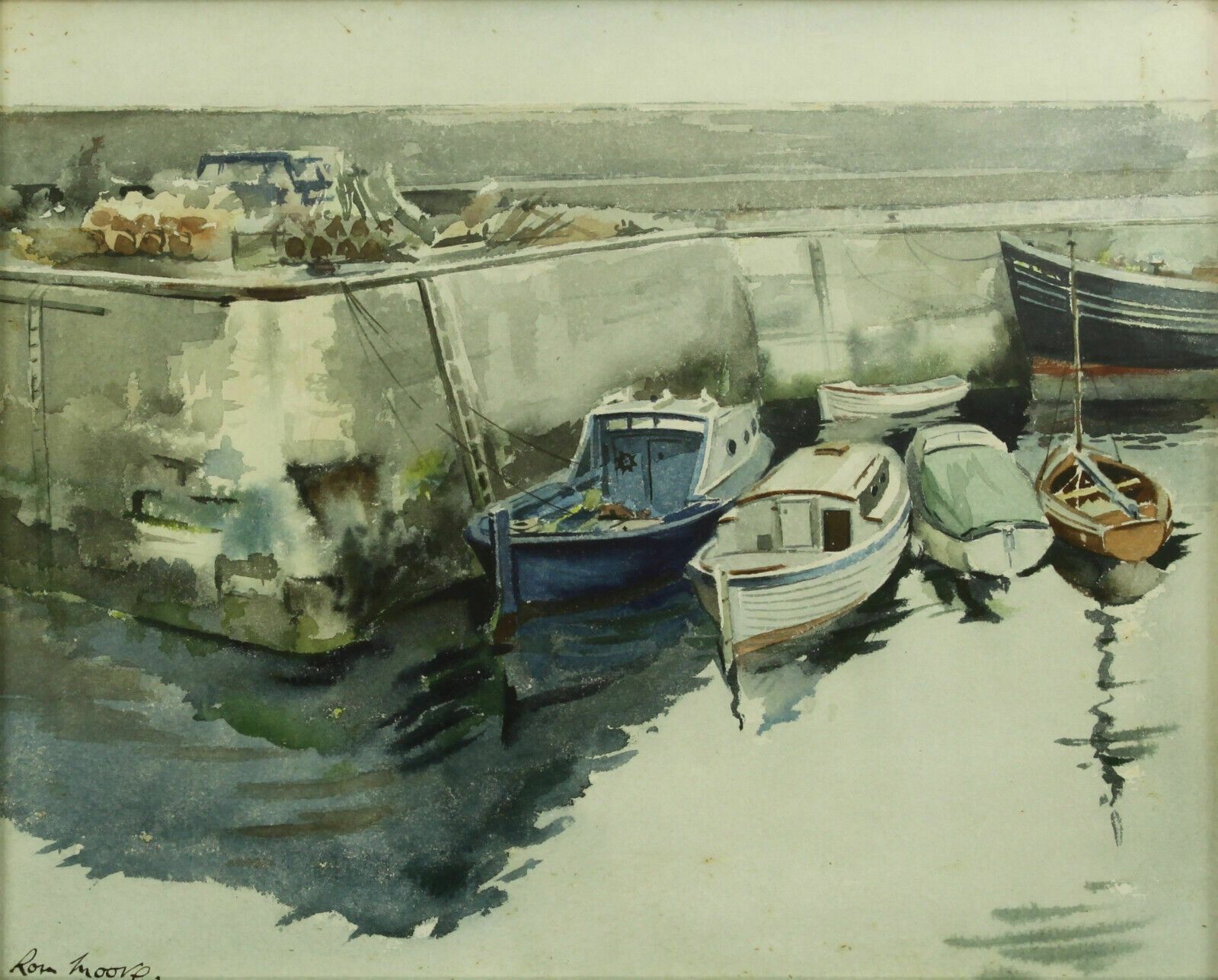 Watercolour By Ronald Lambert Moore. Fishing Boats Moored To A Quay At Low Tide photo furniture