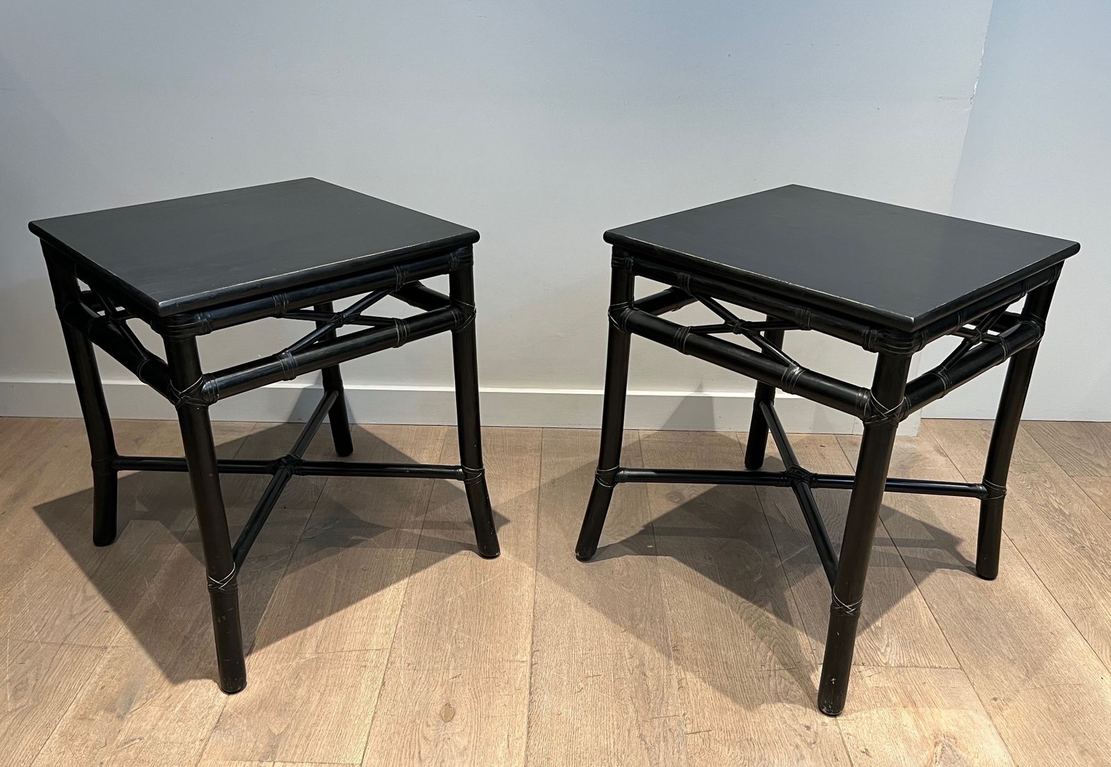 Pair Of Black Lacquered Faux Bamboo Side Tables photo furniture