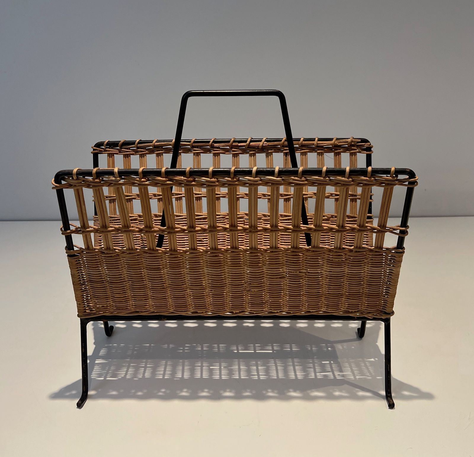 Pair Of Magazine Racks In Black Lacquered Metal And Rattan photo buy