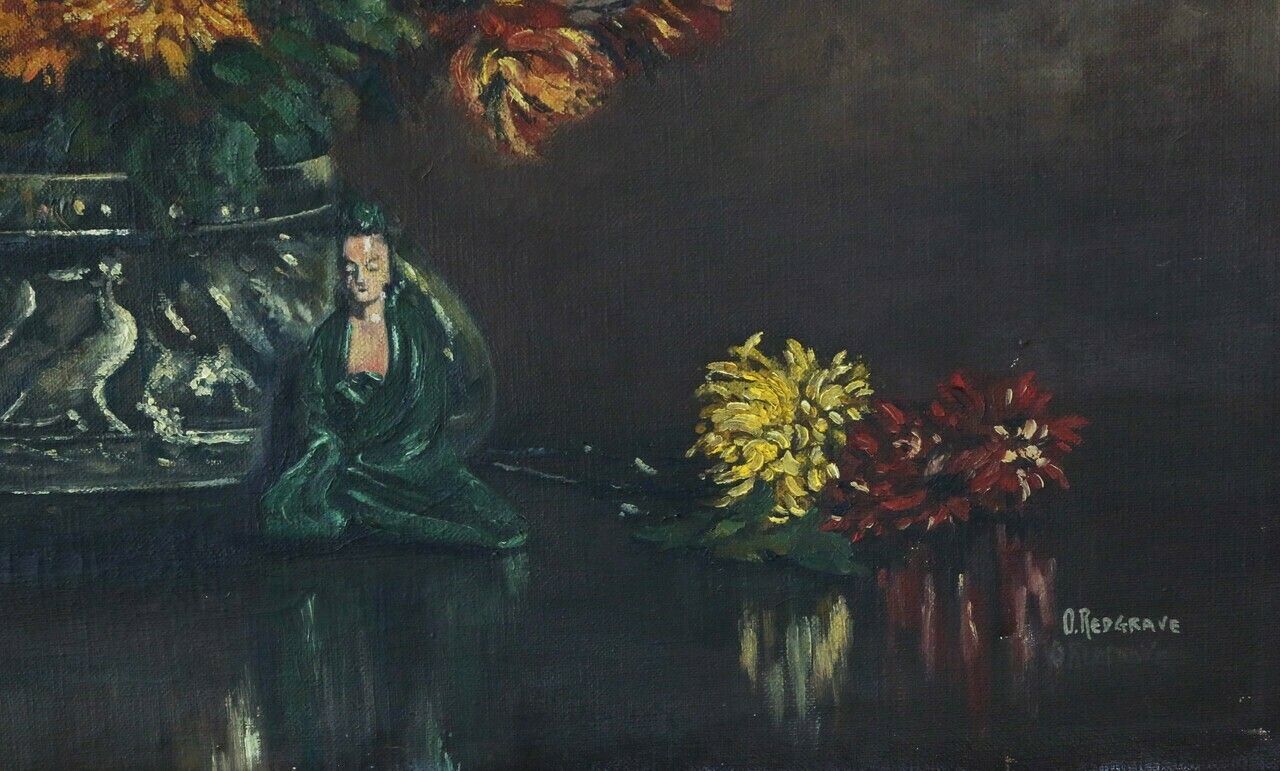 Large Oil On Canvas Painting Artwork By O. Redgrave Still Life With Genie photo Art