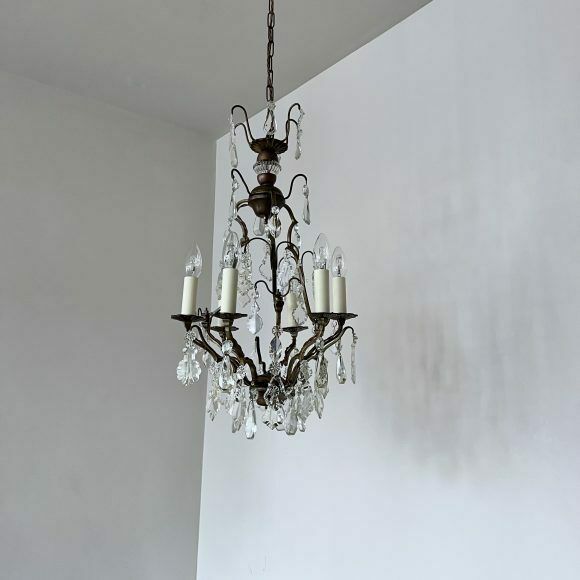 French Gilt Brass Birdcage Chandelier With Glass And Crystal Drops photo for sale
