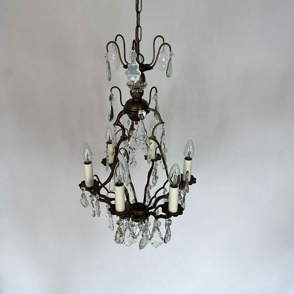 French Gilt Brass Birdcage Chandelier With Glass And Crystal Drops photo 995.0