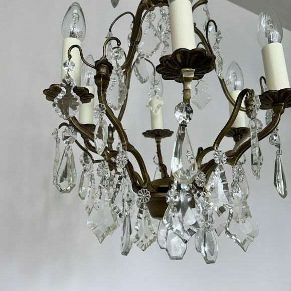 French Gilt Brass Birdcage Chandelier With Glass And Crystal Drops photo buy