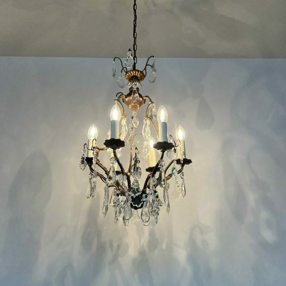 photo for sale French Gilt Brass Birdcage Chandelier With Glass And Crystal Drops