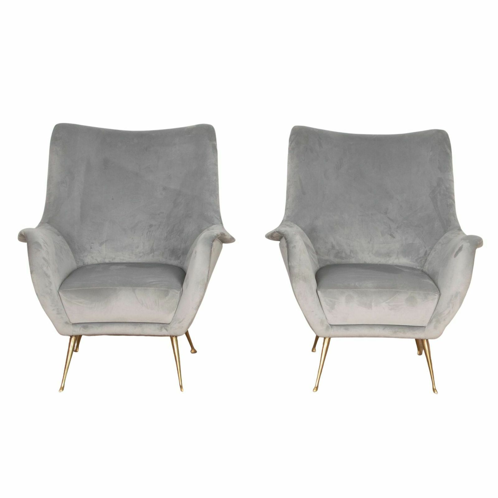 Pair Of Mid Century Modern Grey Velvet Armchairs