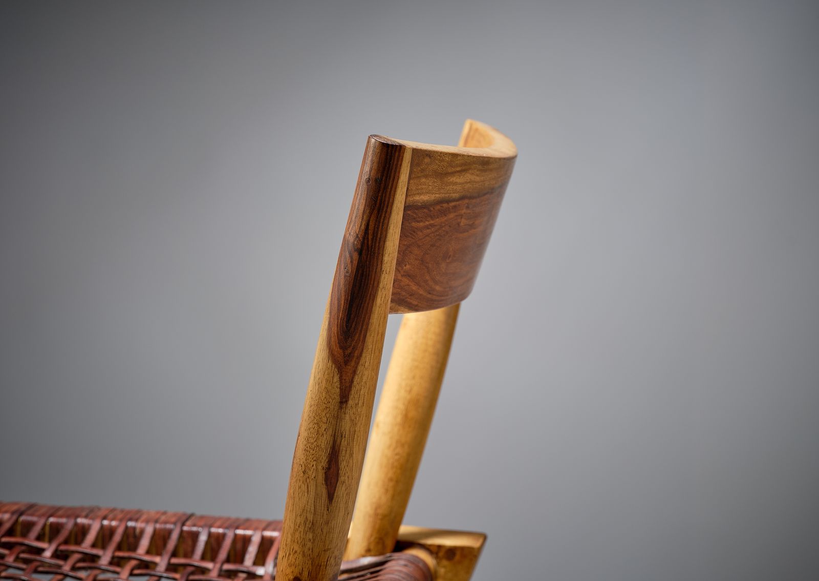 1795.0 Delightful Danish Mid Century Style Leather Strung African Hardwood Framed Chair, Denmark Circa 1980's photo