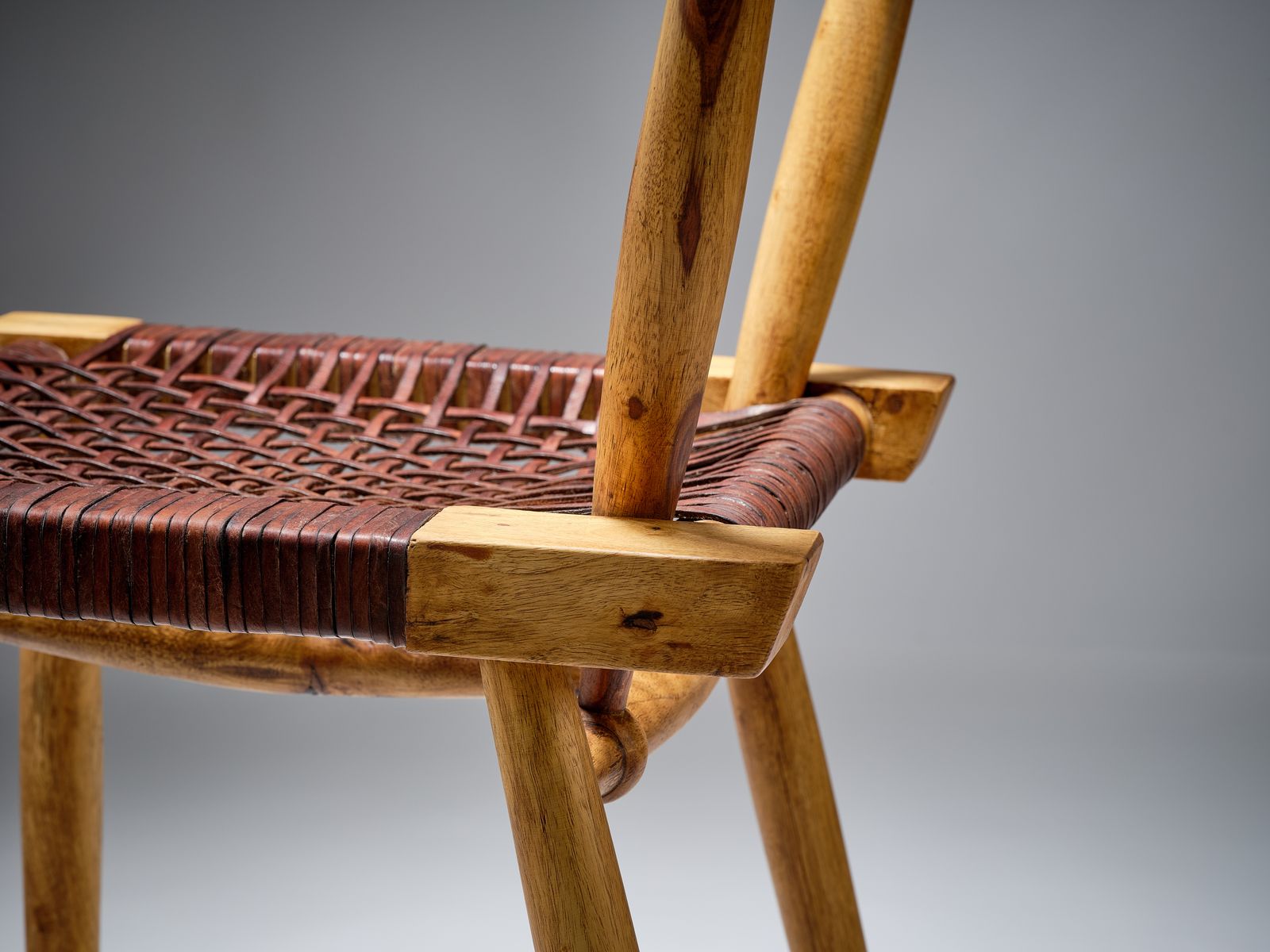 Furniture Delightful Danish Mid Century Style Leather Strung African Hardwood Framed Chair, Denmark Circa 1980's photo
