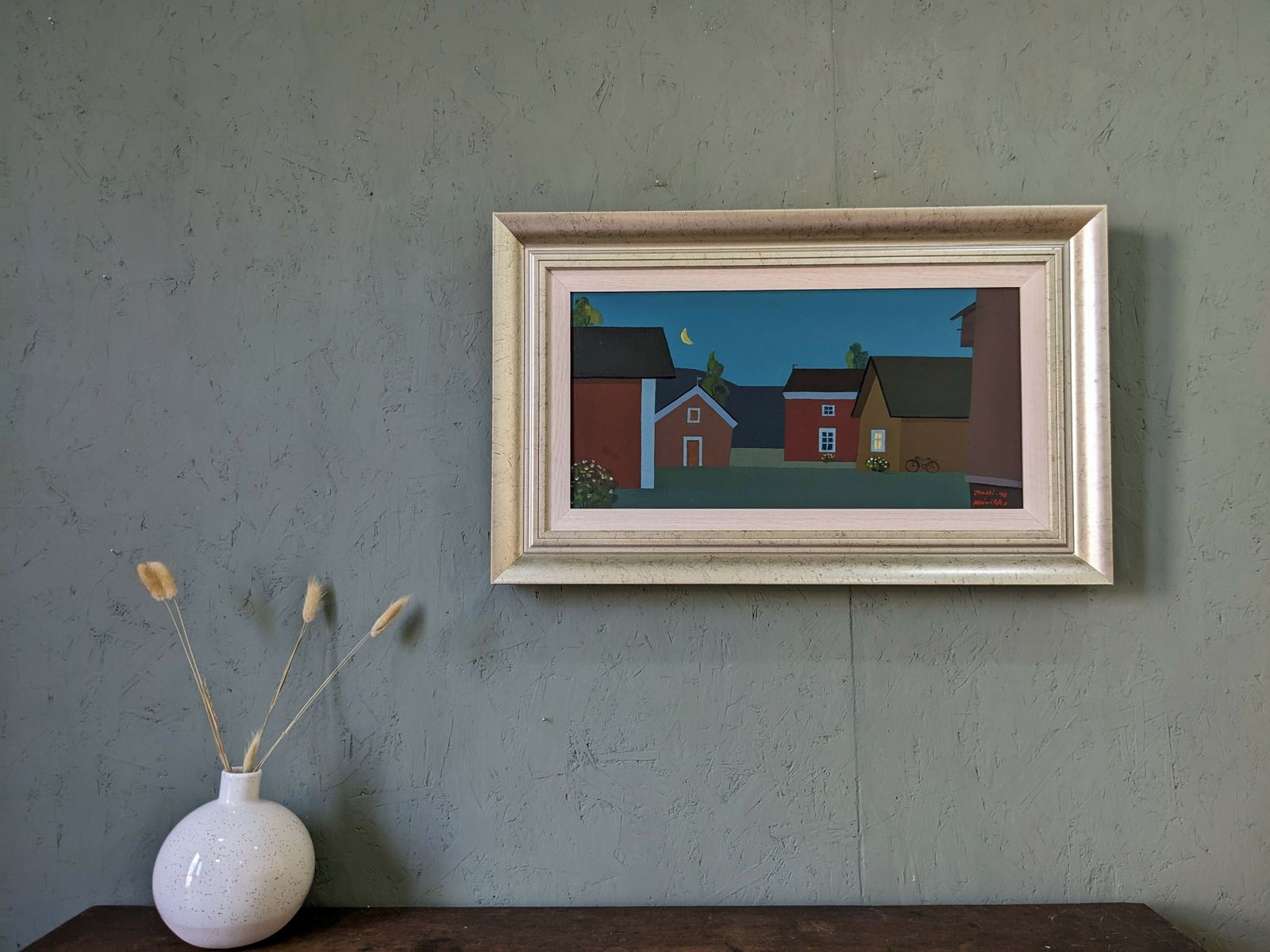 Framed Street Scene Oil Painting, Houses At Midnight, 1990s photo 633.0