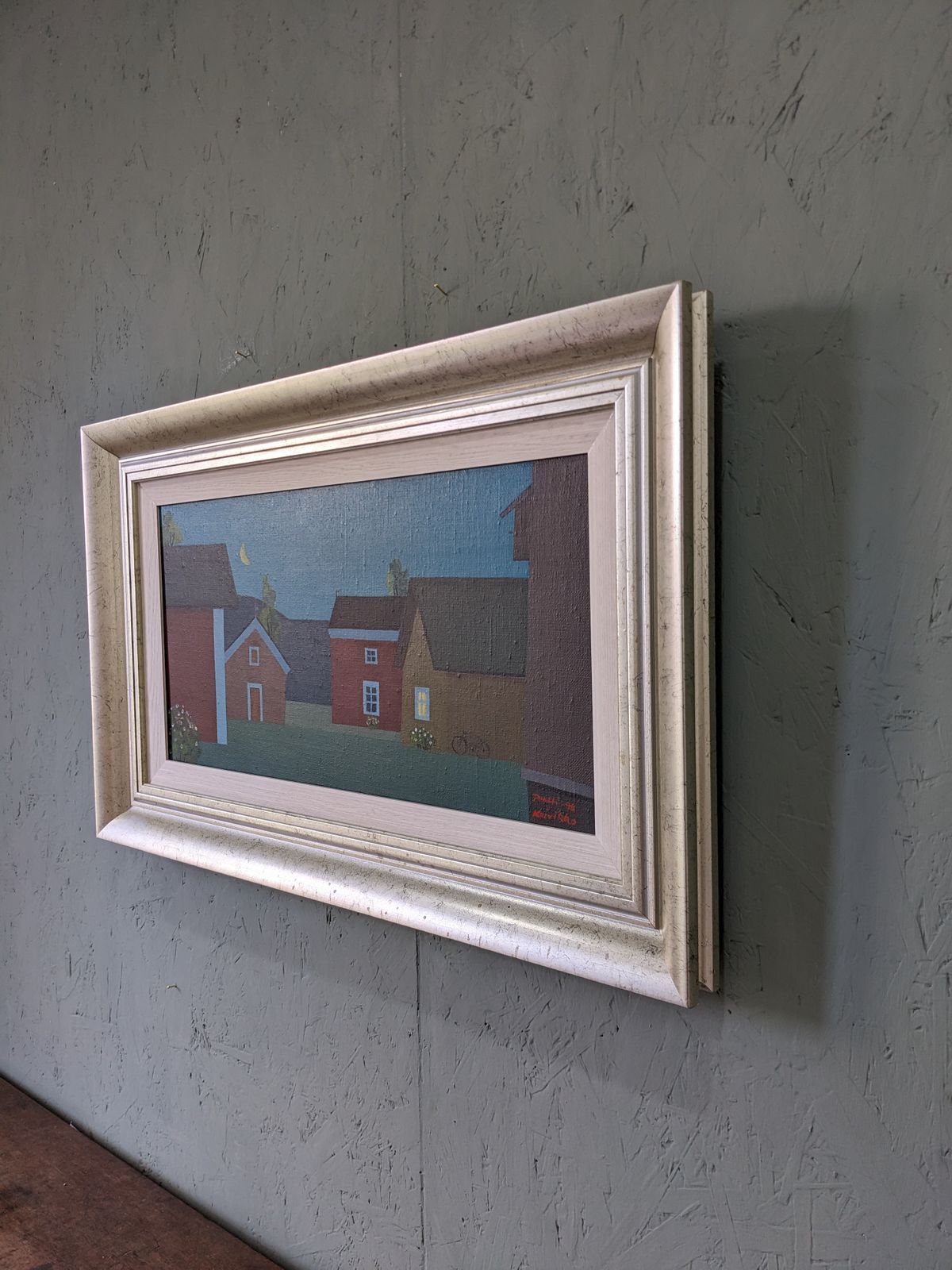 633.0 Framed Street Scene Oil Painting, Houses At Midnight, 1990s photo