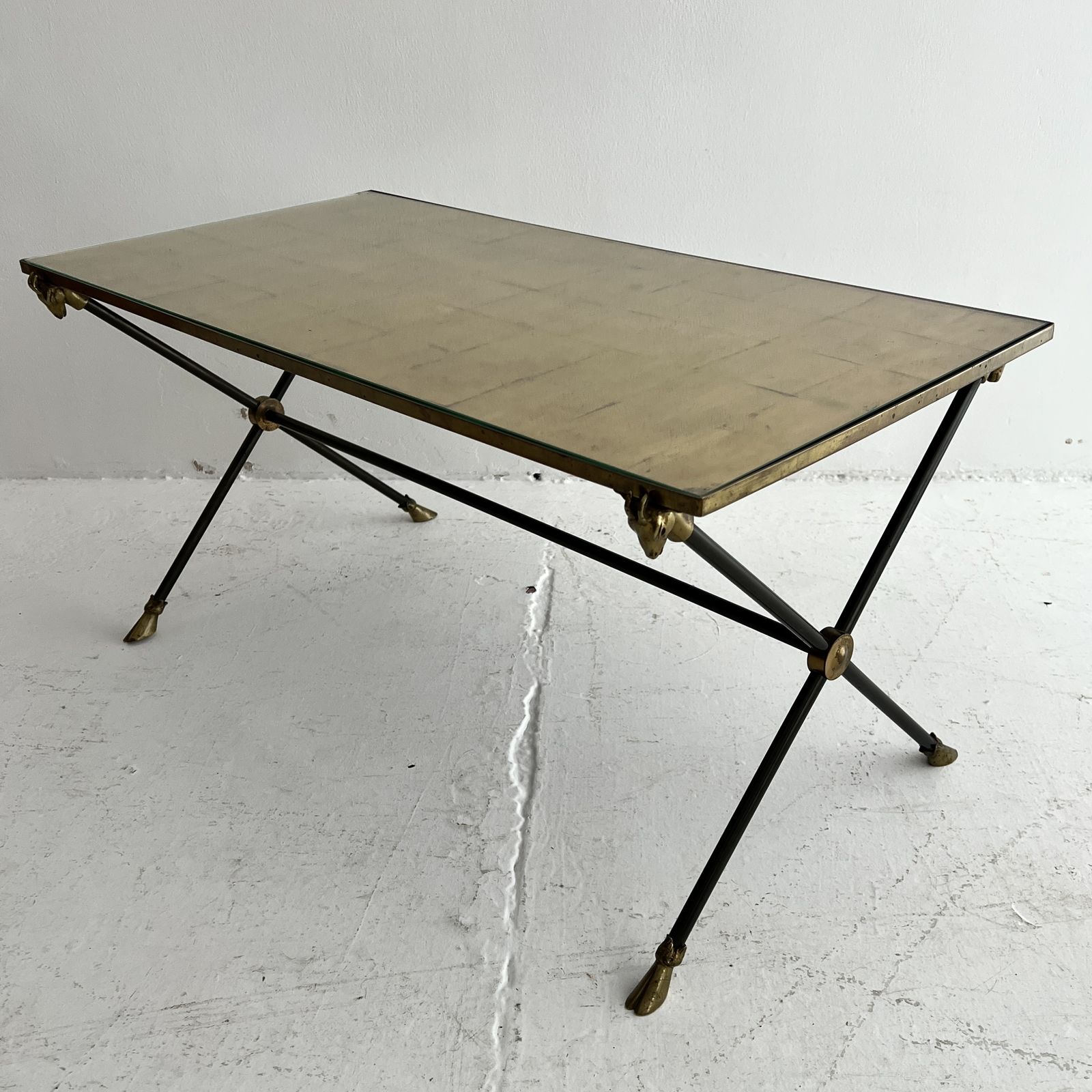 1970s 70s Maison Ramsay Gold Leaf  Brass Hoof And Rams Head French Coffee Table photo buy