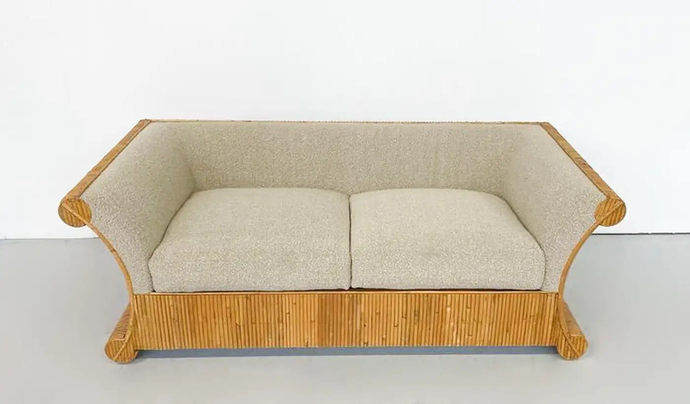 Mid Century Modern Rattan Two Seater, Beige Boucle Fabric, Italy, 1960s photo for sale