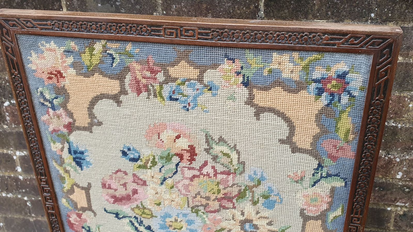 Large Vintage Mahogany And Still Life Tapestry Fire Screen photo for sale