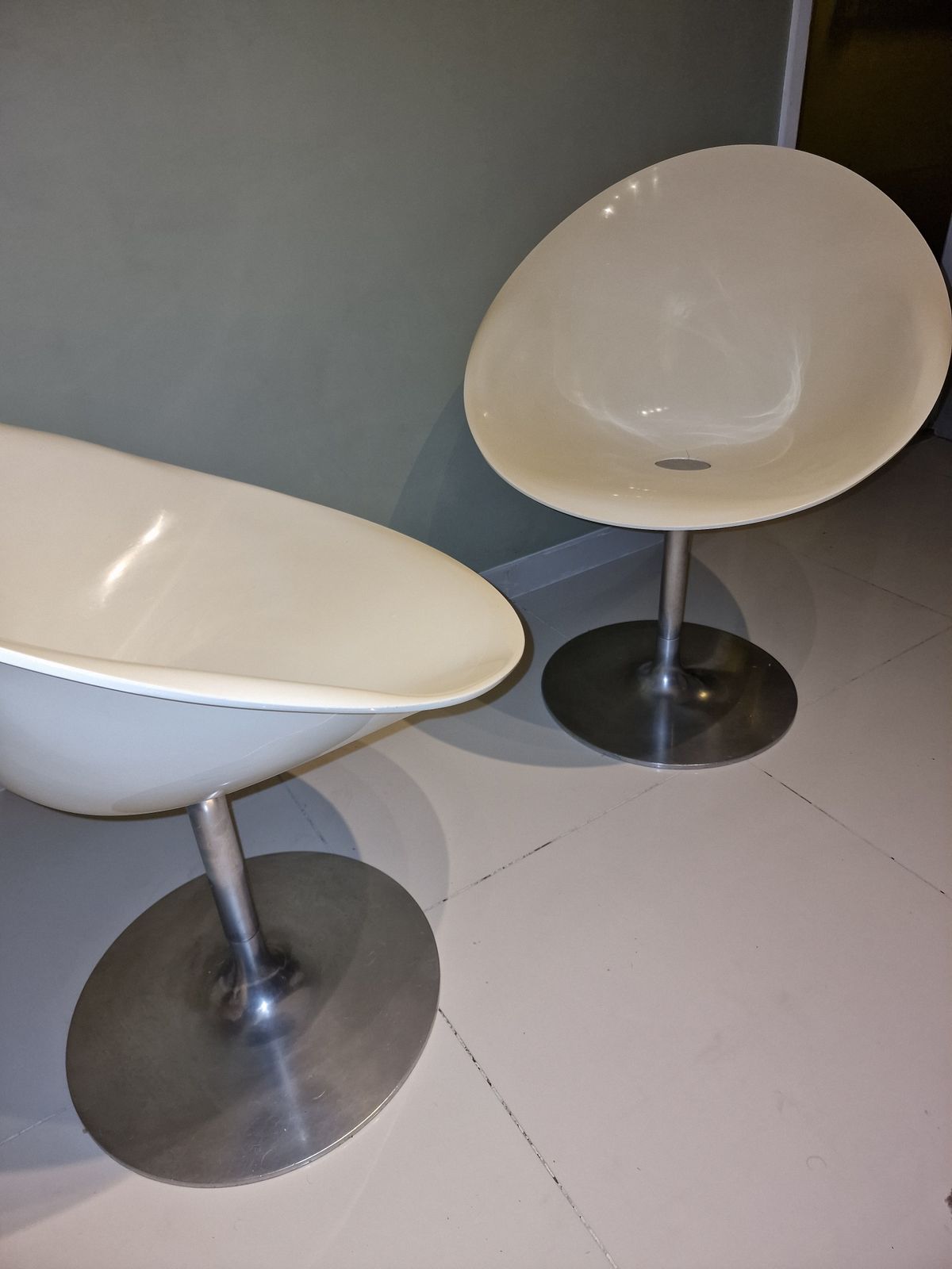 Philippe Starck By Kartell Two Swivel Eros Dining Chairs White With Chrome photo for sale