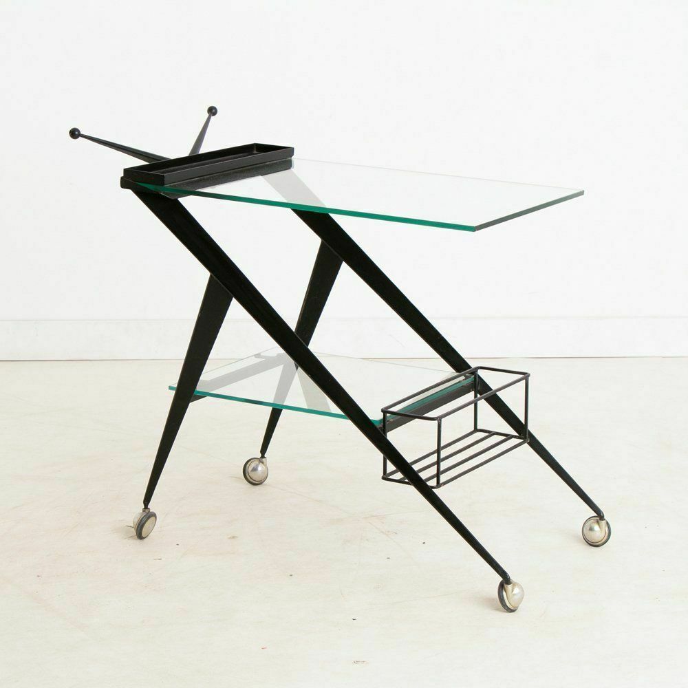 Midcentury Italian Two Tier Metal, Glass & Brass Bar Cart C.1950 photo furniture
