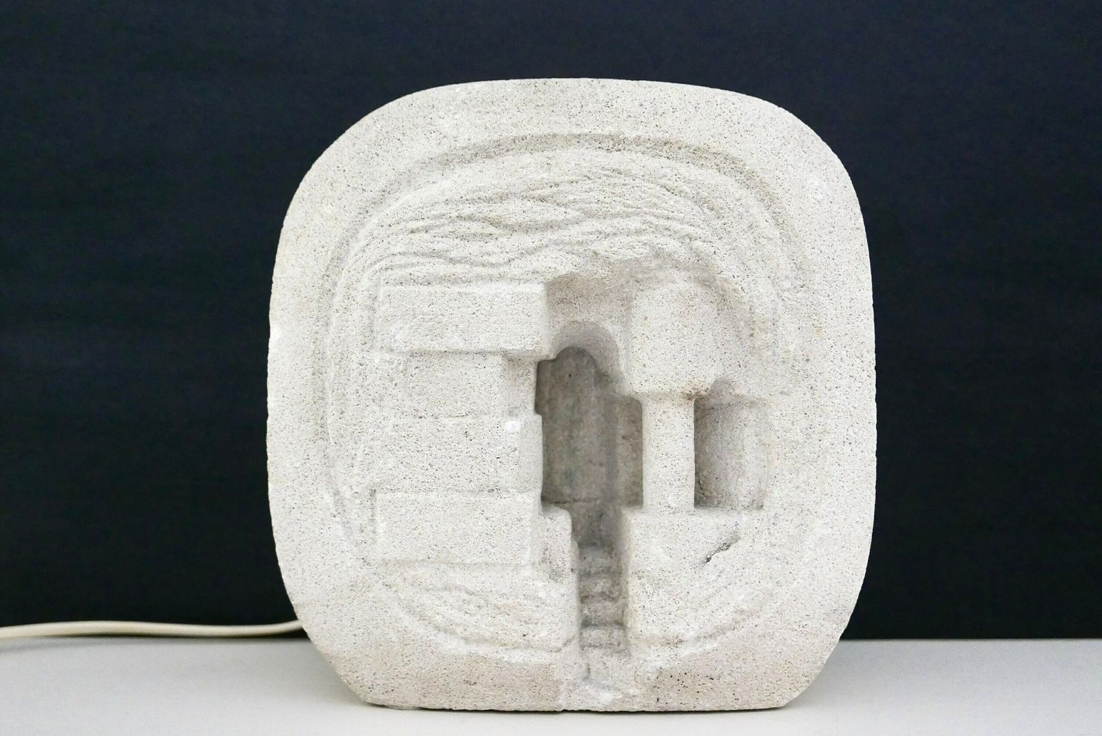 French Architectural And Sculptural Stone Lamp By Arsène Galisson, 1960s / Table Lamp, Carved, Column, Architecture