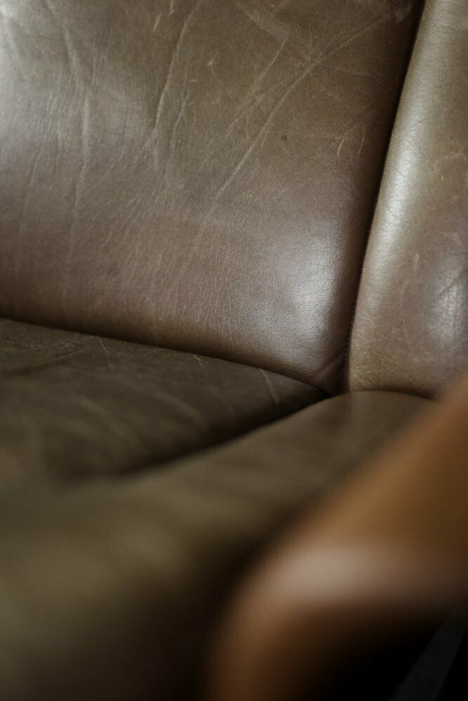 Mid Century Danish Modern Teak Wood & Brown Leather High Armchair With Reclining Backrest, 1960s photo buy