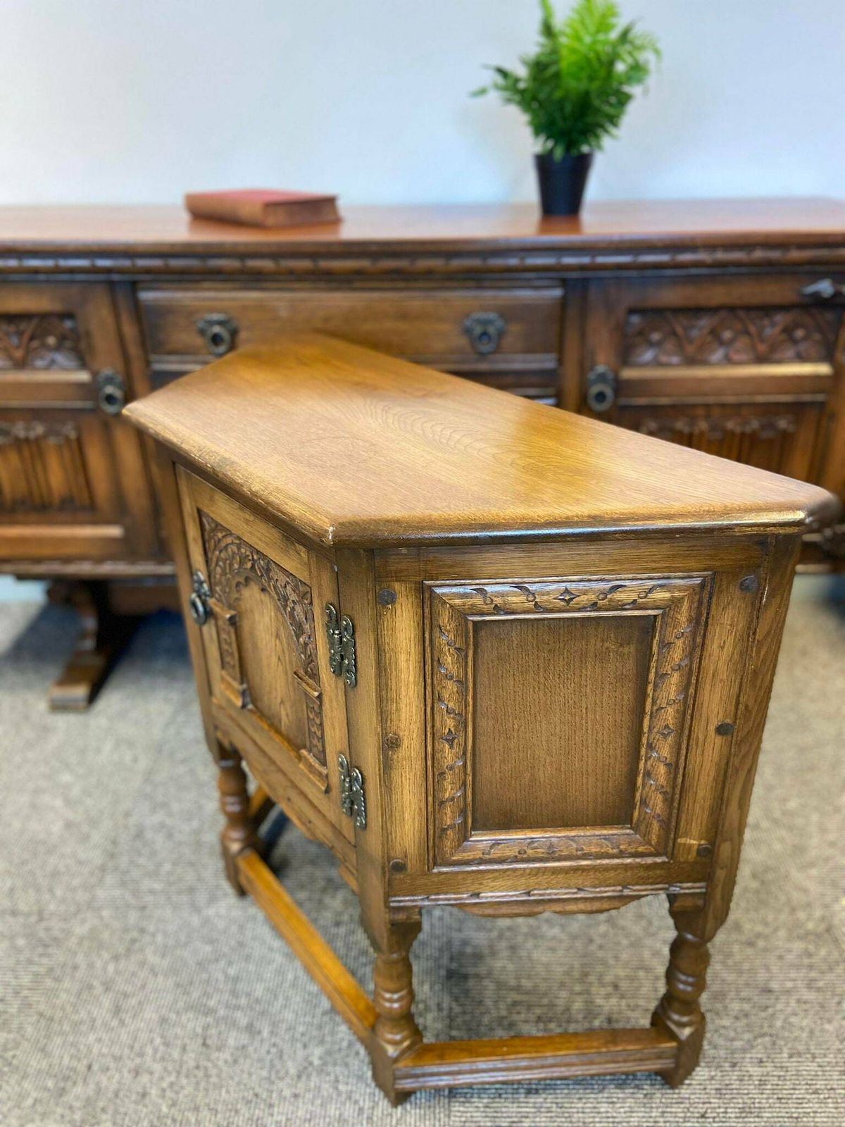 Vintage Old Charm Wood Brothers / Light Oak / Side Cabinet / Carved Oak / C1960s photo Furniture