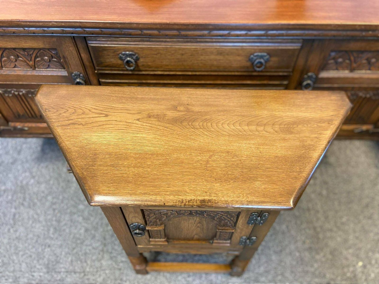 Vintage Old Charm Wood Brothers / Light Oak / Side Cabinet / Carved Oak / C1960s photo buy