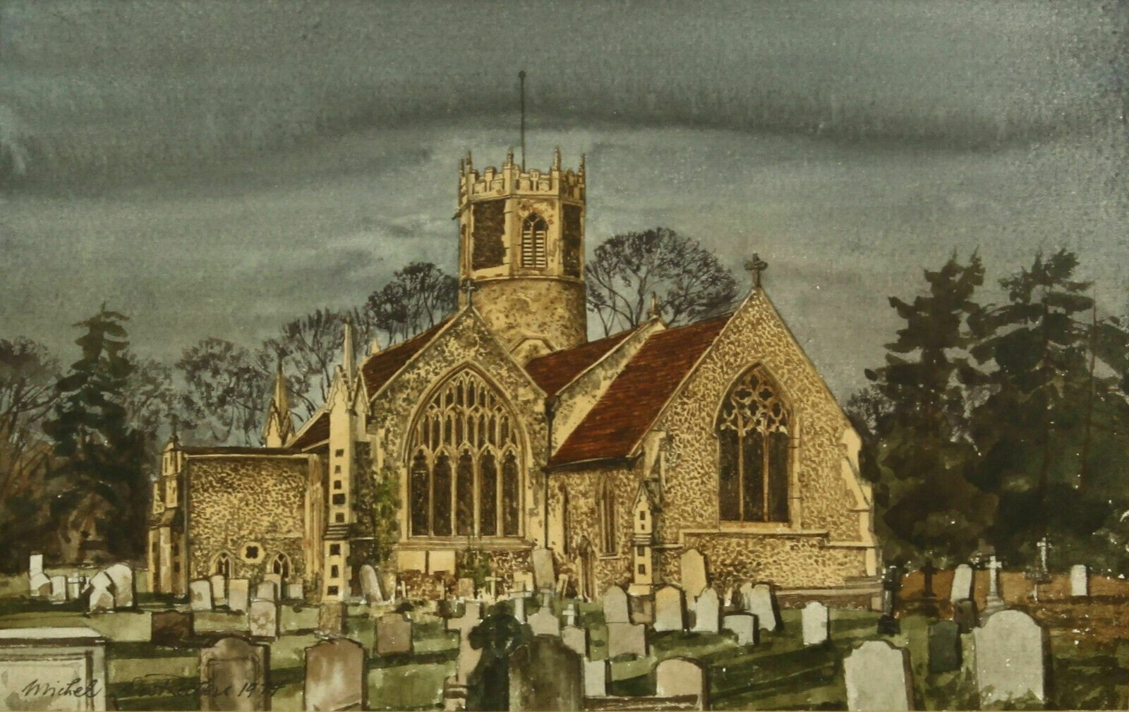 Watercolour By Michel Desrochers. Titled "St Mary's Church, Rickinghall Suffolk" photo furniture