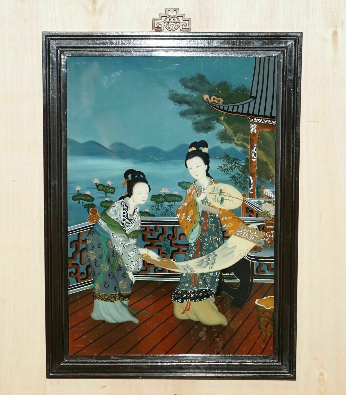 1950.0 Sublime Pair Of Antique Chinese Ancestral Portrait Hand Painted Glass Paintings photo