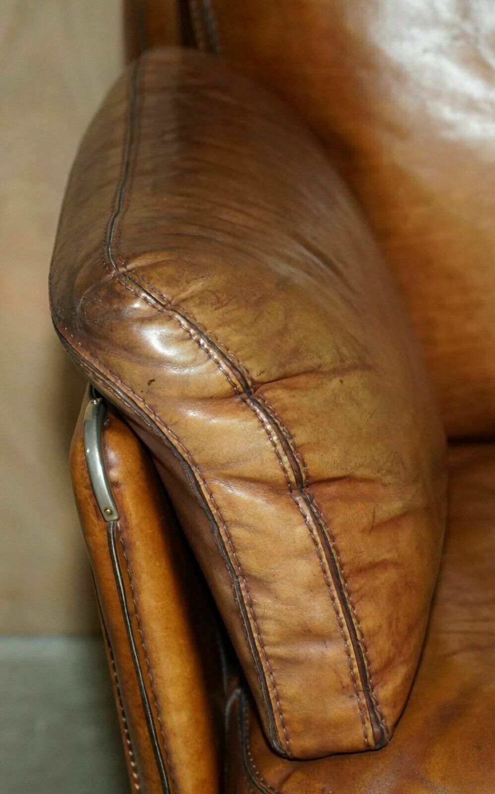 Vintage Brown Leather Roche Bobois Mid Century Modern Contemporary Sofa photo vinterior