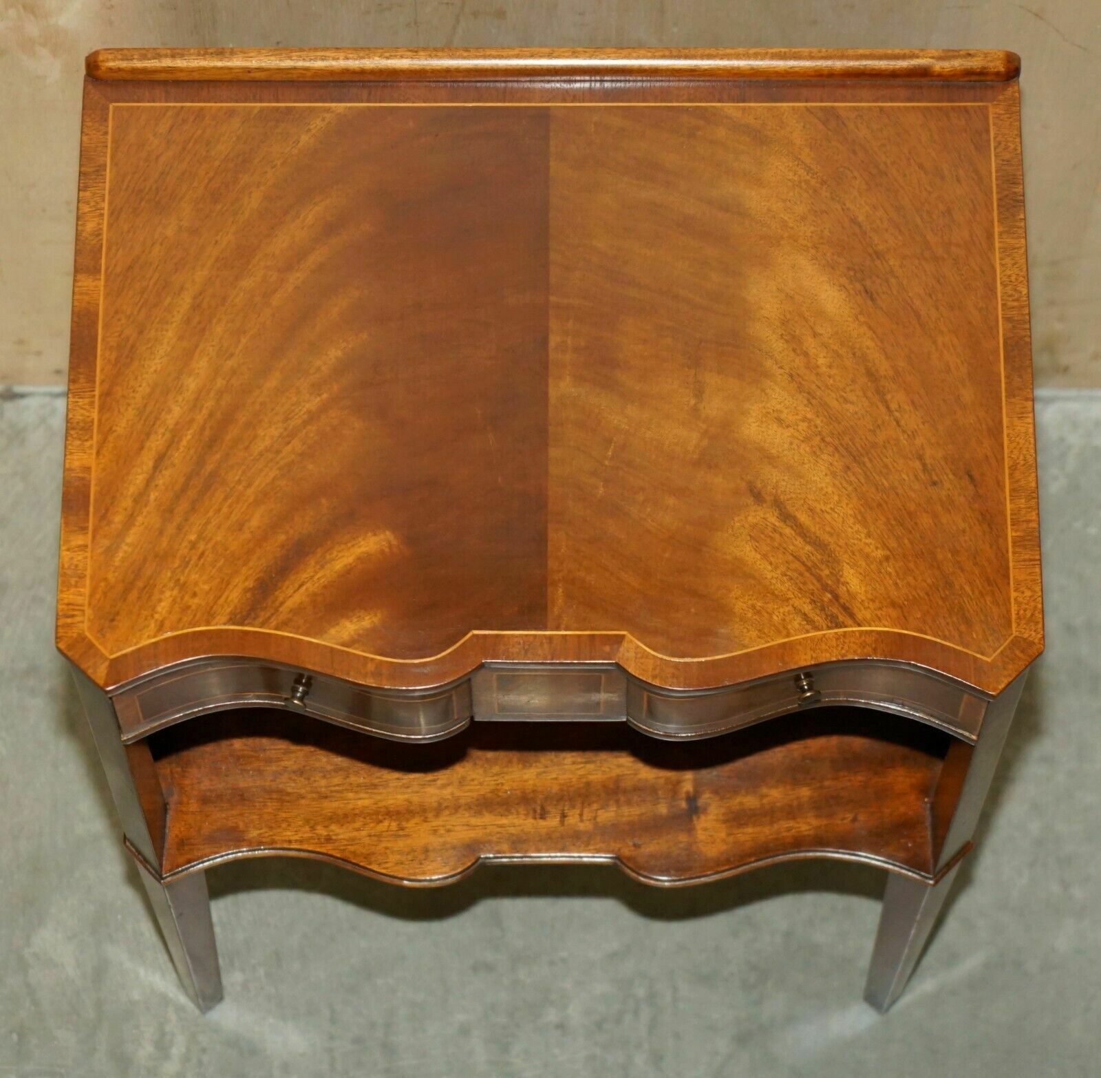 photo buy Pair Of Antique Restored Serpentine Fronted Flamed Mahogany Side End Lamp Tables