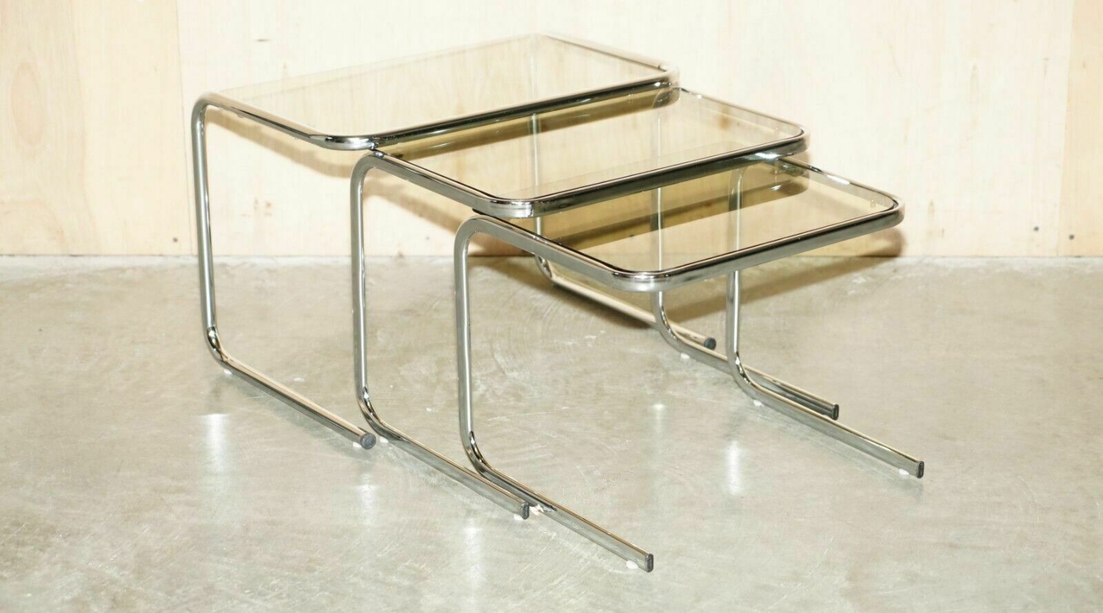 Vintage Mid Century Modern Milo Baughman Chrome & Smoked Glass Nest Of Tables