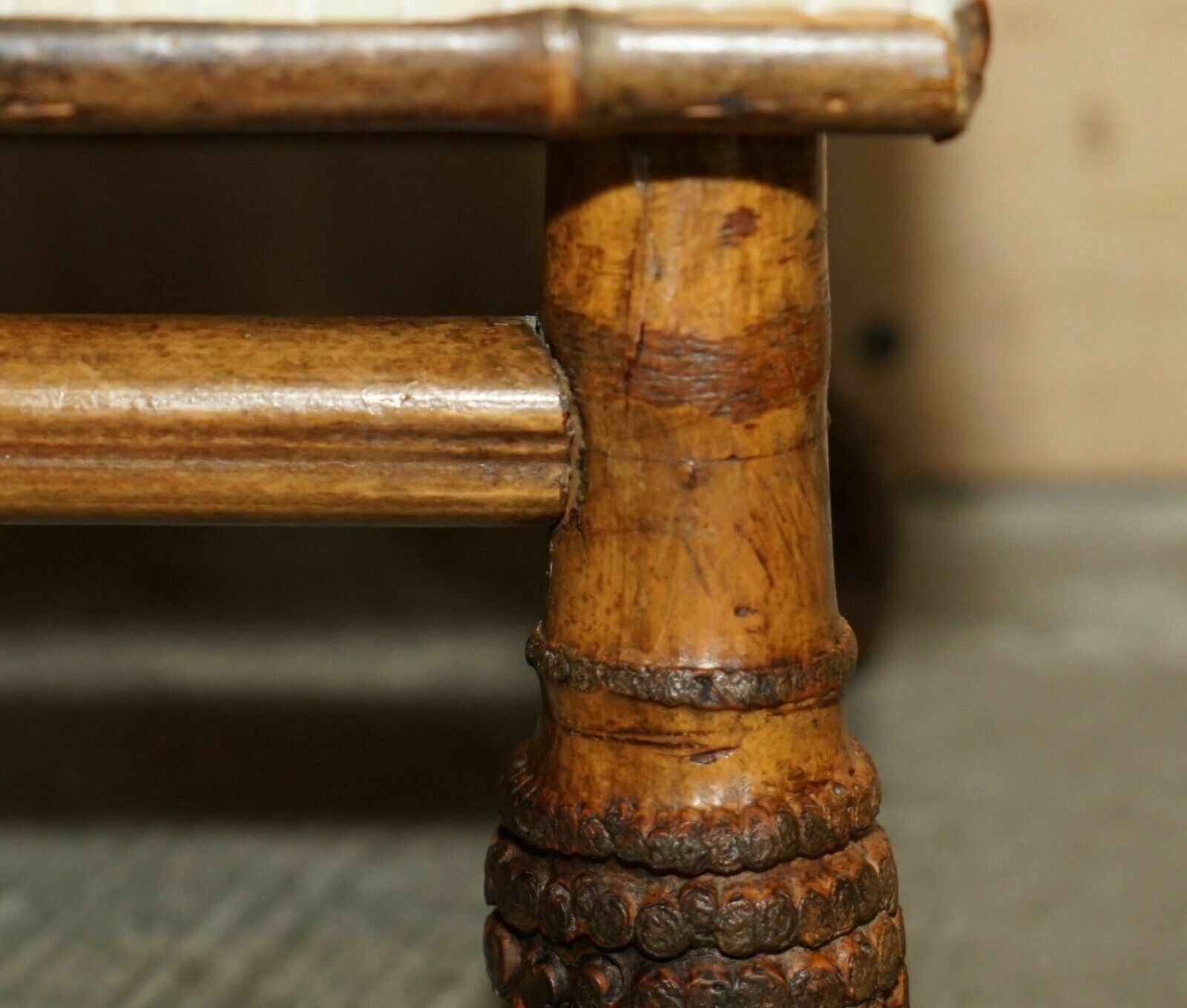 photo furniture Small Antique Circa 1880 Aesthetic Movement Bamboo Carved Chinese Footstool