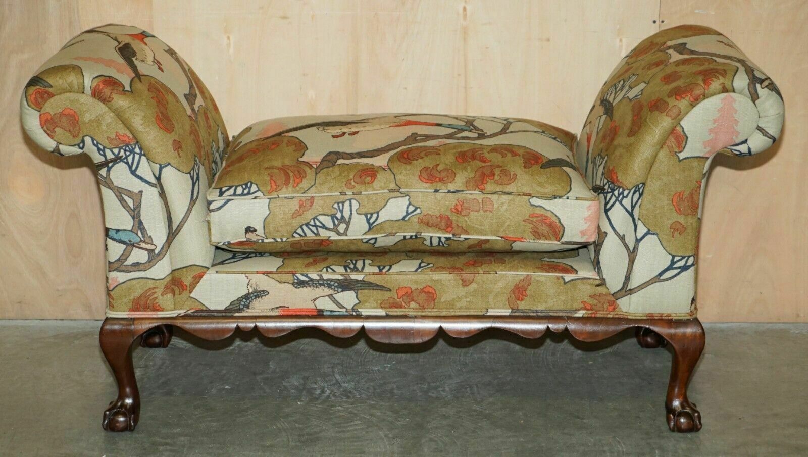 Antique Claw & Ball Foot Hall Bench Window Seat In Mulberry Flying Duck S Fabric photo for sale