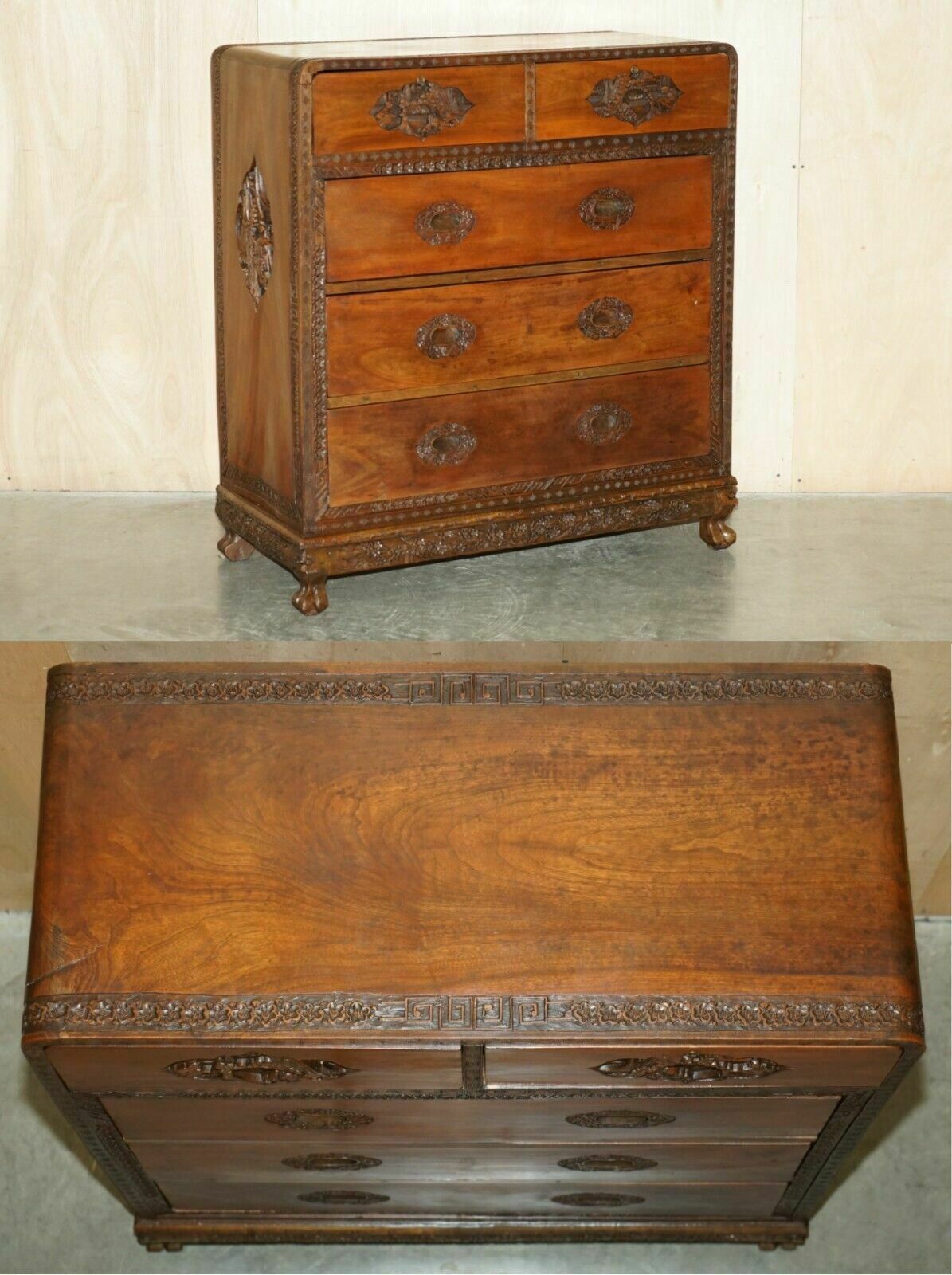 Antique Chinese Hand Carved Circa 1890 Chest Of Drawers Very Detailed Handles