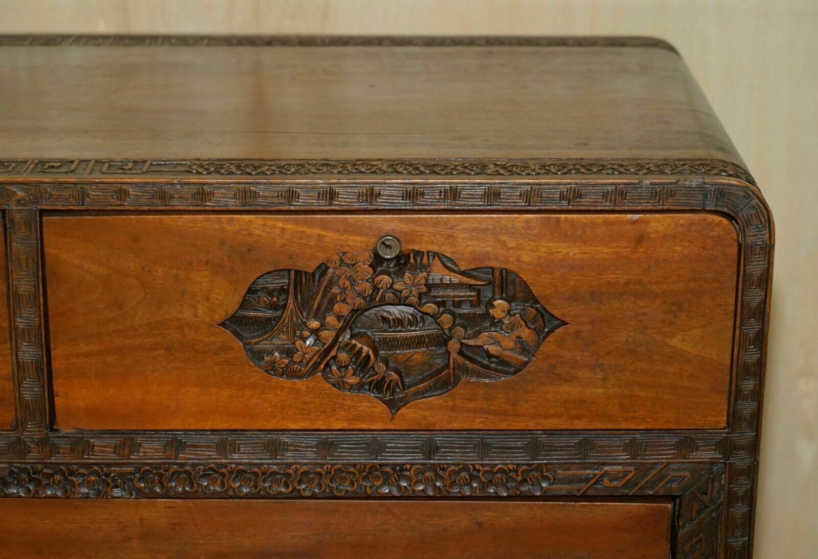 Antique Chinese Hand Carved Circa 1890 Chest Of Drawers Very Detailed Handles photo vinterior