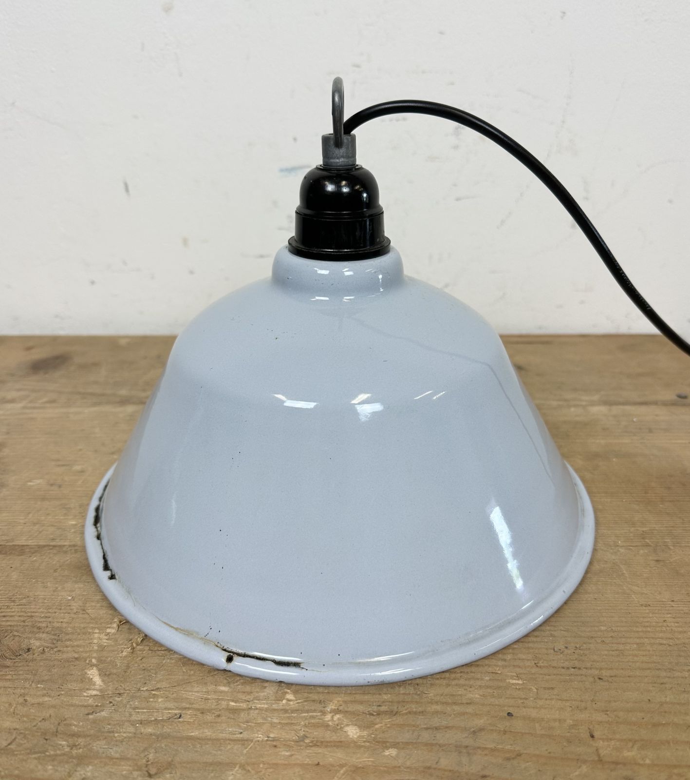 Industrial French Grey Enamel Factory Pendant Lamp, 1960s photo 179.0