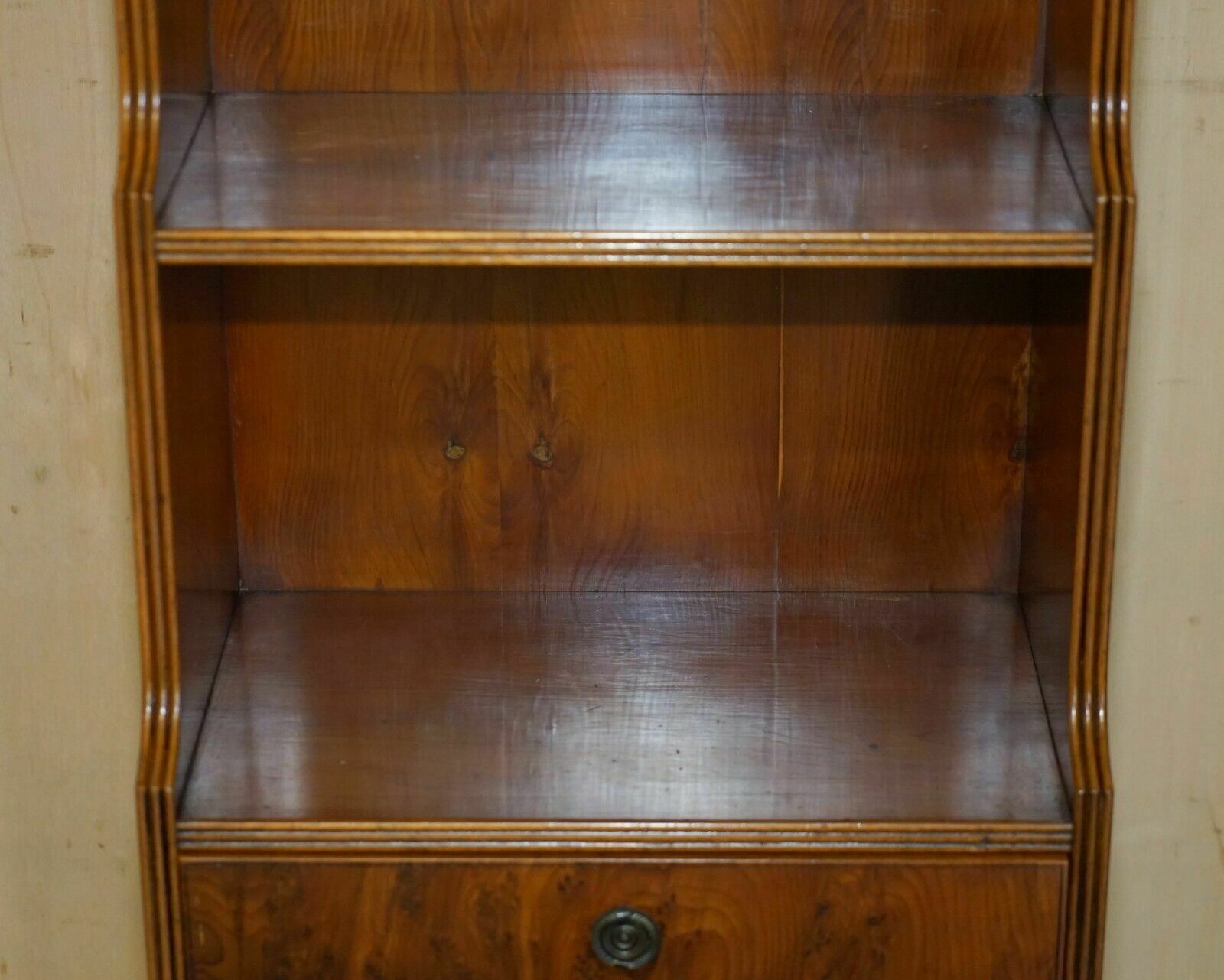 Pair Of Vintage English Flamed Mahogany Waterfall Bookcases With Cupboard Bases photo vinterior