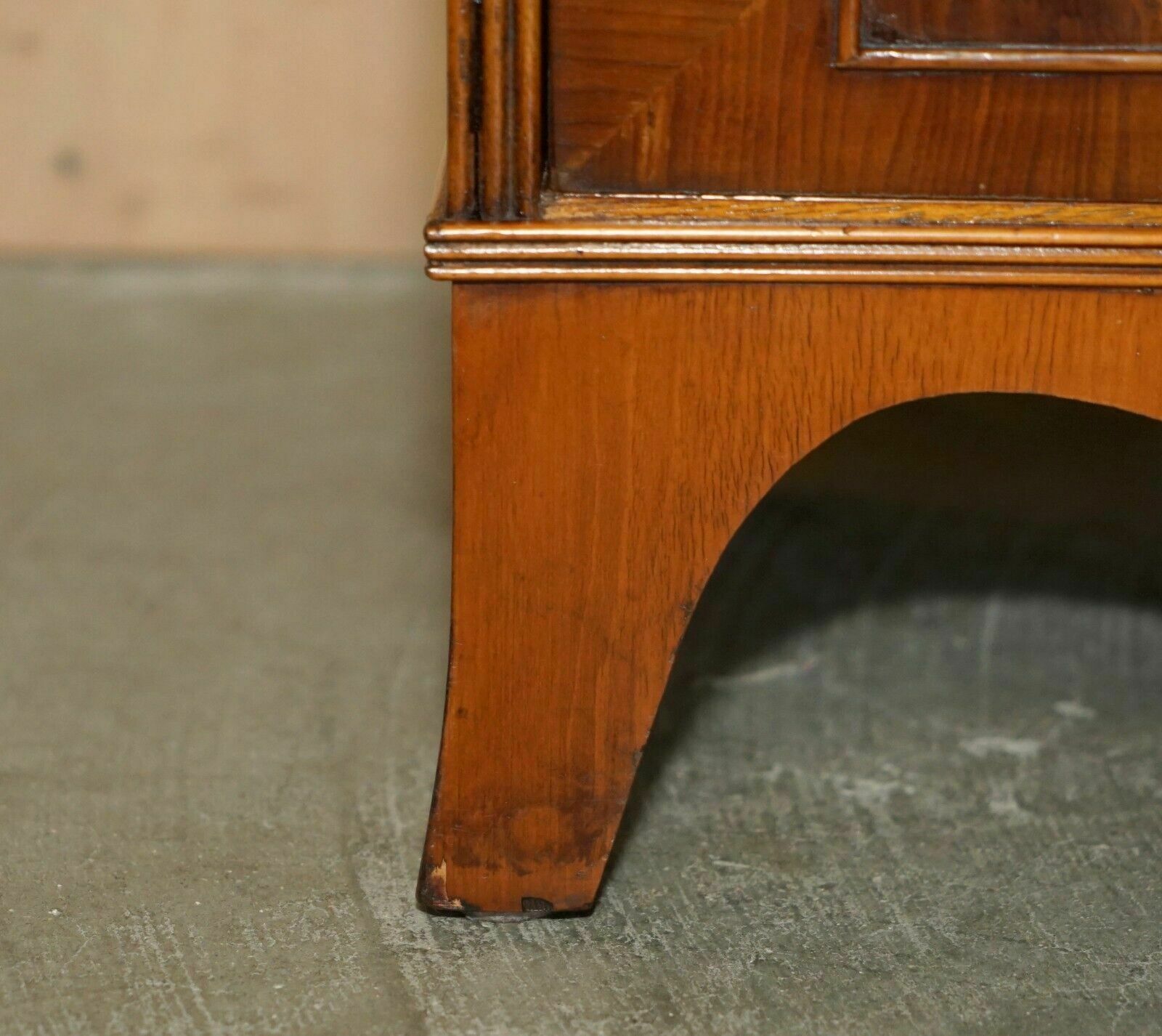 photo for sale Pair Of Vintage English Flamed Mahogany Waterfall Bookcases With Cupboard Bases