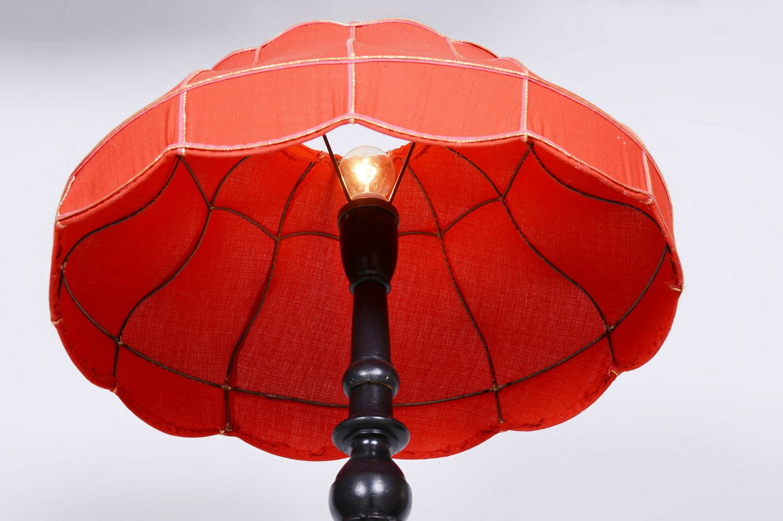 Restored Artdeco Floor Lamp, Solid Beech, New Electrification, Revived Polish, Well Preserved Original Textile Shade, Czechia, 1920s photo for sale