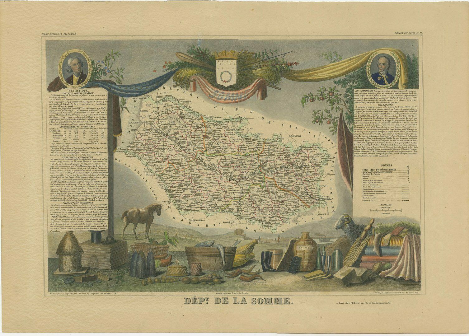 Hand Colored Antique Map Of The Department Of Somme, France