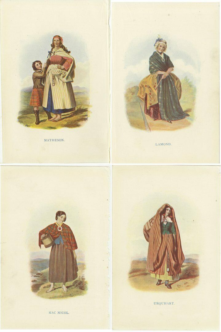 Set Of 4 Original Antique Prints Of Costumes Of The Clans Of Scotland, Women