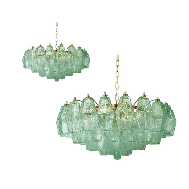 Poliedro Murano Glass Green Chandelier With Gold Metal Frame, Lot Of 2 Or A Pair Of Chandeliers