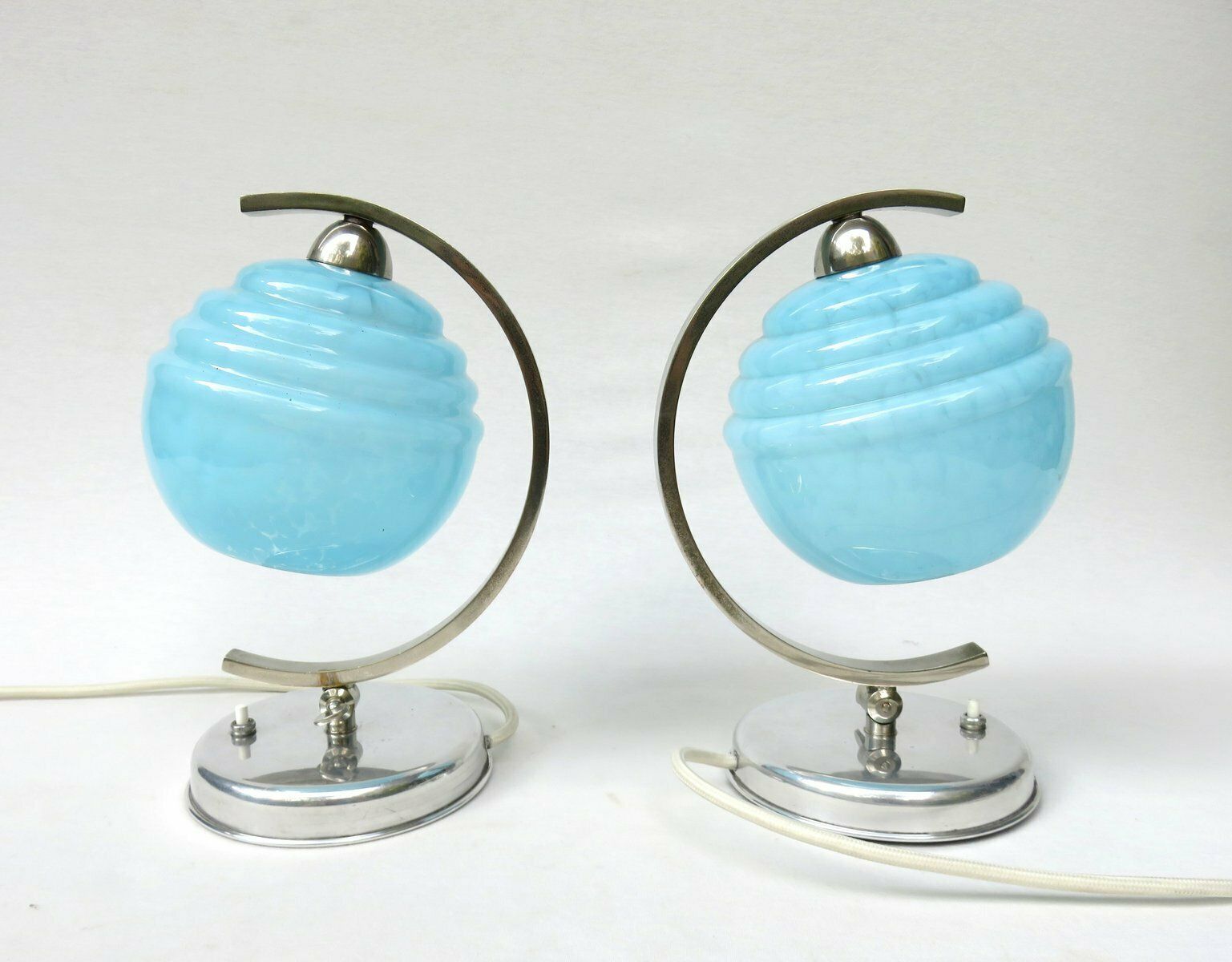 French Bedside Lights, Art Deco, Umbrellas Flamed Light Blue, 1920s, Set Of 2 photo for sale